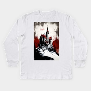 Ink Painting of A Castle On A Hill Kids Long Sleeve T-Shirt